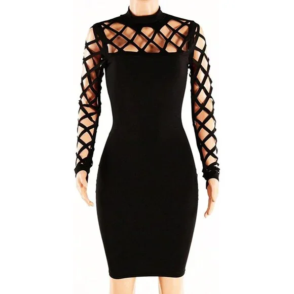 Women's Bodycon Dress Polyester Cotton Long Sleeve Hollow Out Clubwear - Picture 3 of 4